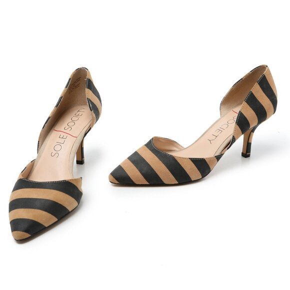 Sole Society JENN Striped Suede d'Orsay Pumps Point Toe Heels Shoes Back Tan 7.5 - Picture 3 of 10